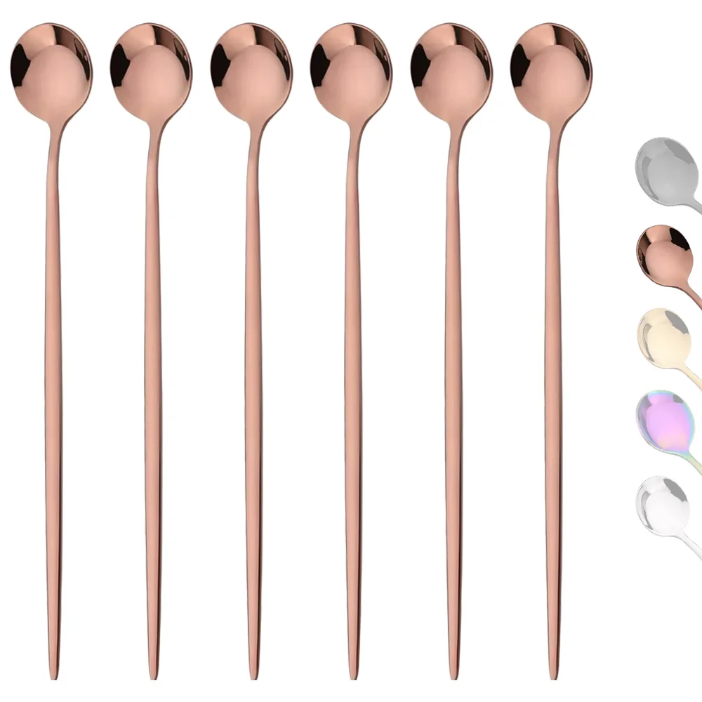 Gold Cutlery Flatware - 6Pcs Long Handle Ice Spoon Coffee