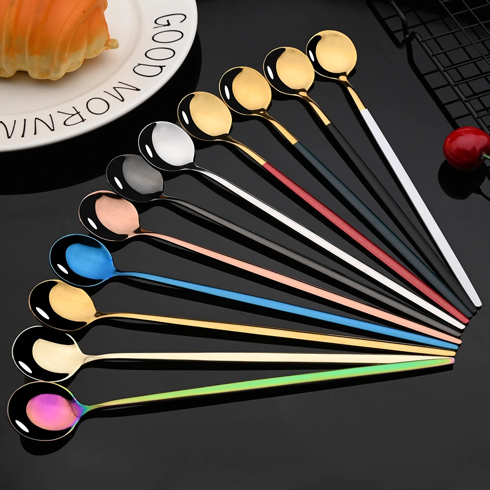 6Pcs Long Handle Ice Spoon Cof - Gold Cutlery Flatware ulasan dan harga
