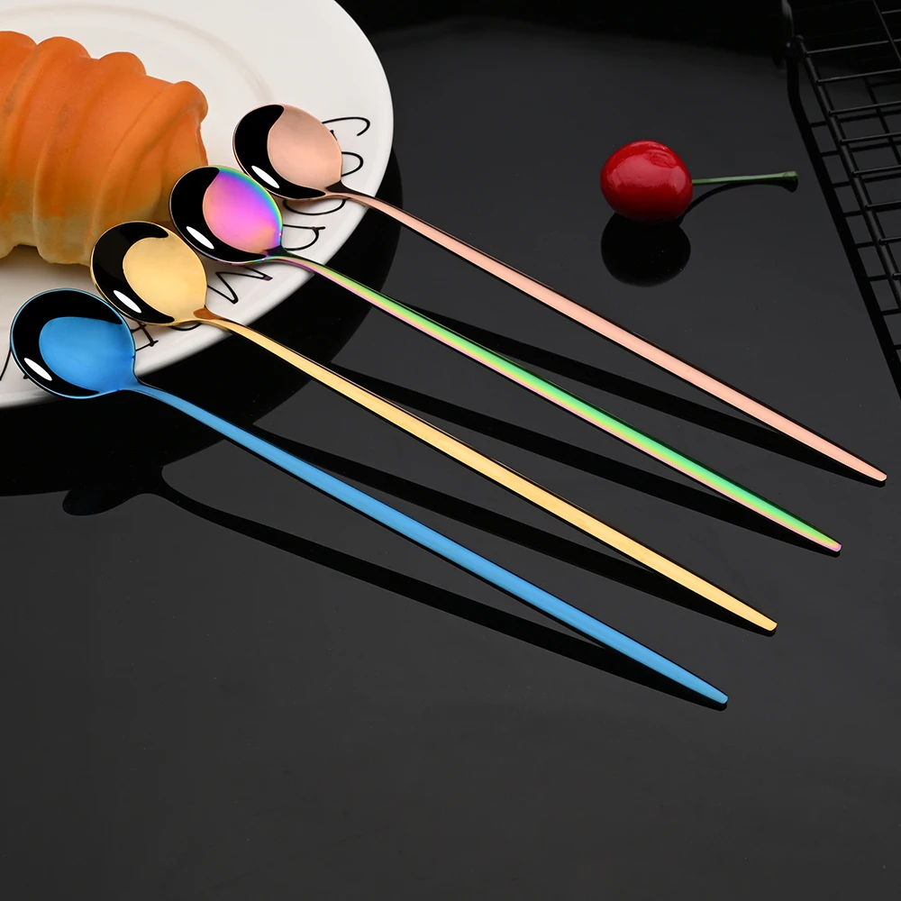 6Pcs Long Handle Ice Spoon Cof - Gold Cutlery Flatware ulasan dan harga