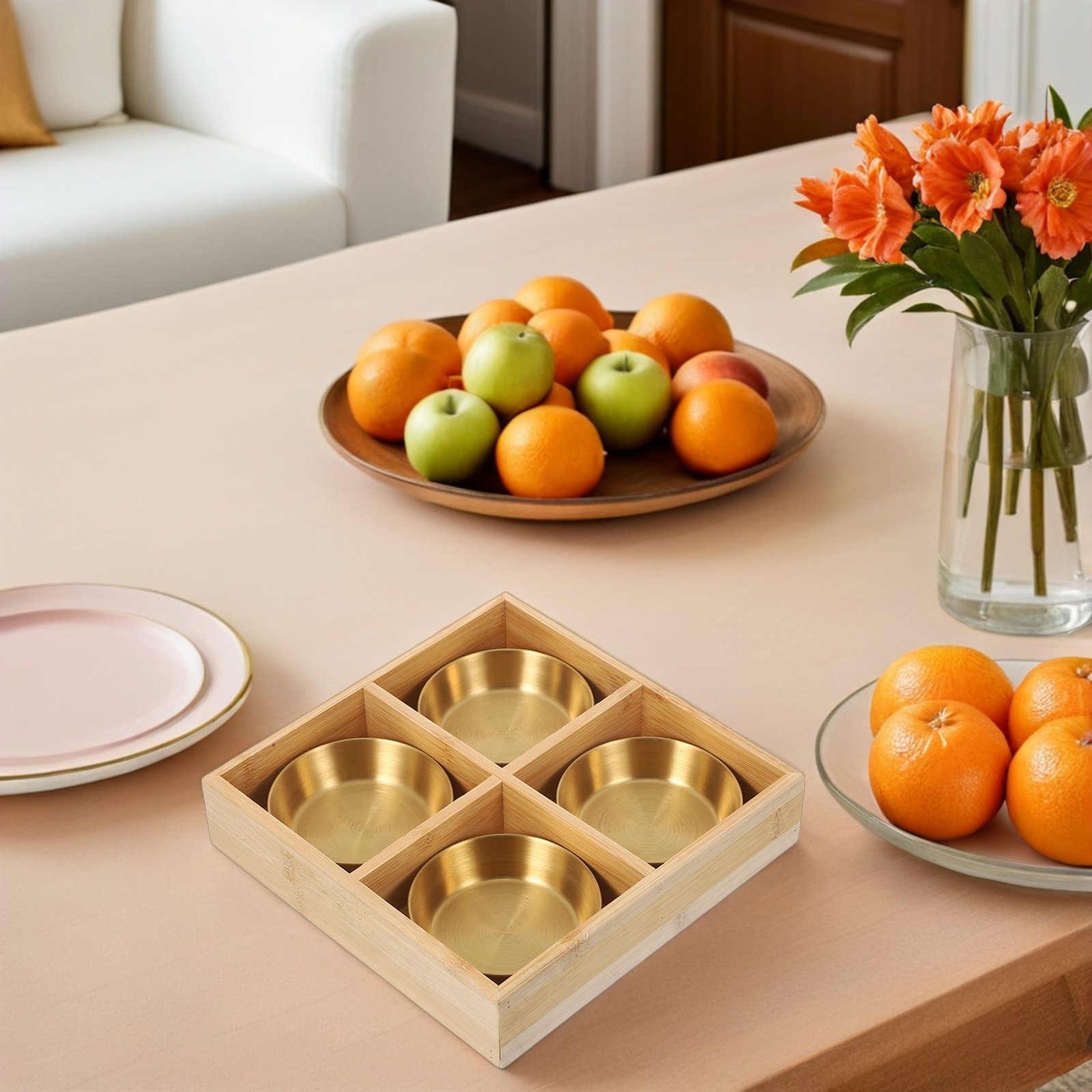 1Set Four-Compartment Bamboo S - Wooden Serving Tray ulasan dan harga