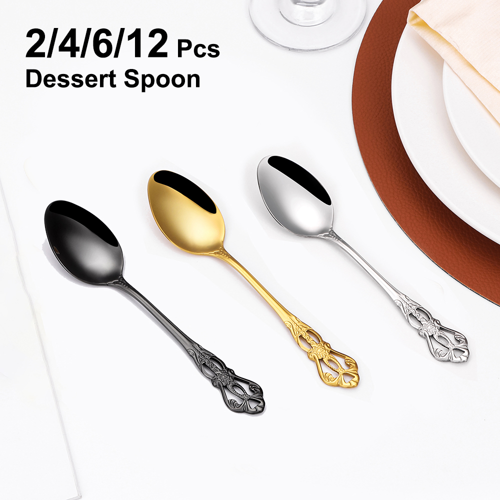 2/4/6/12pcs Gold Dessert Spoon - Gold Cutlery Flatware ulasan dan harga